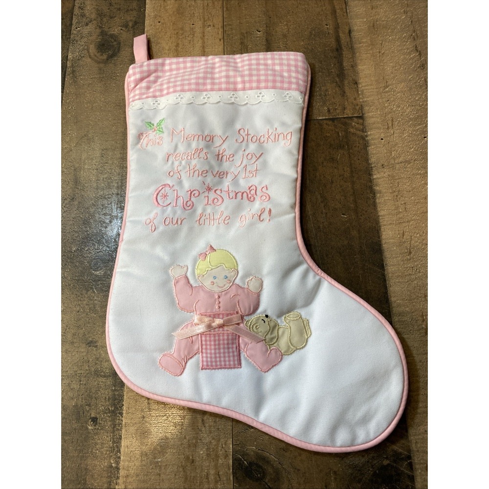 LITTLE GIRLS PINK & White 1st Christmas STOCKING Memory Stocking Vintage New‎